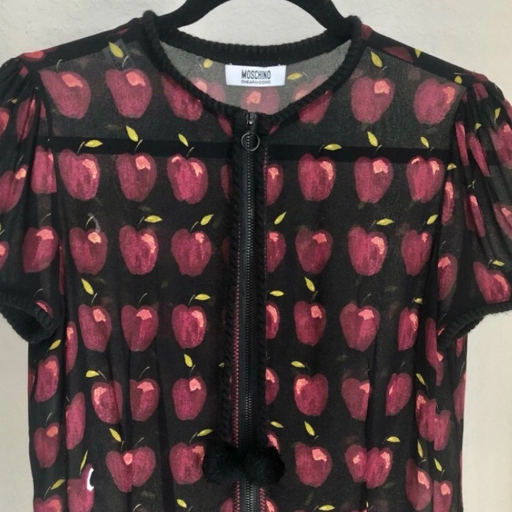 Moschino | Zip Front | Short Sleeve | Semi-Sheer | Apple Print | Blouse